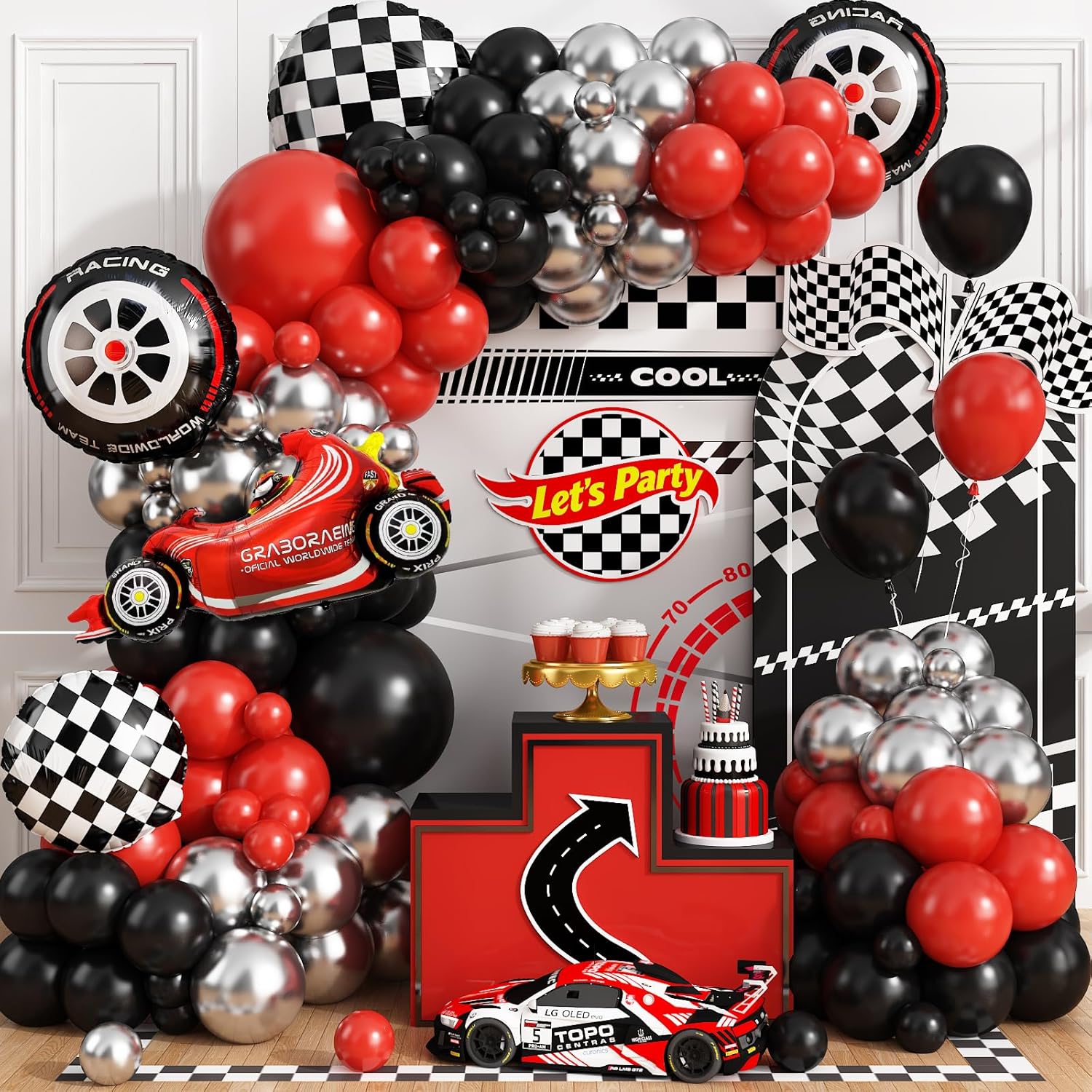 ชุดตกแต่งซุ้มลูกโป่งลายตารางหม - Lighting Mcqueen Birthday Decor บทวิจารณ์และราคา
