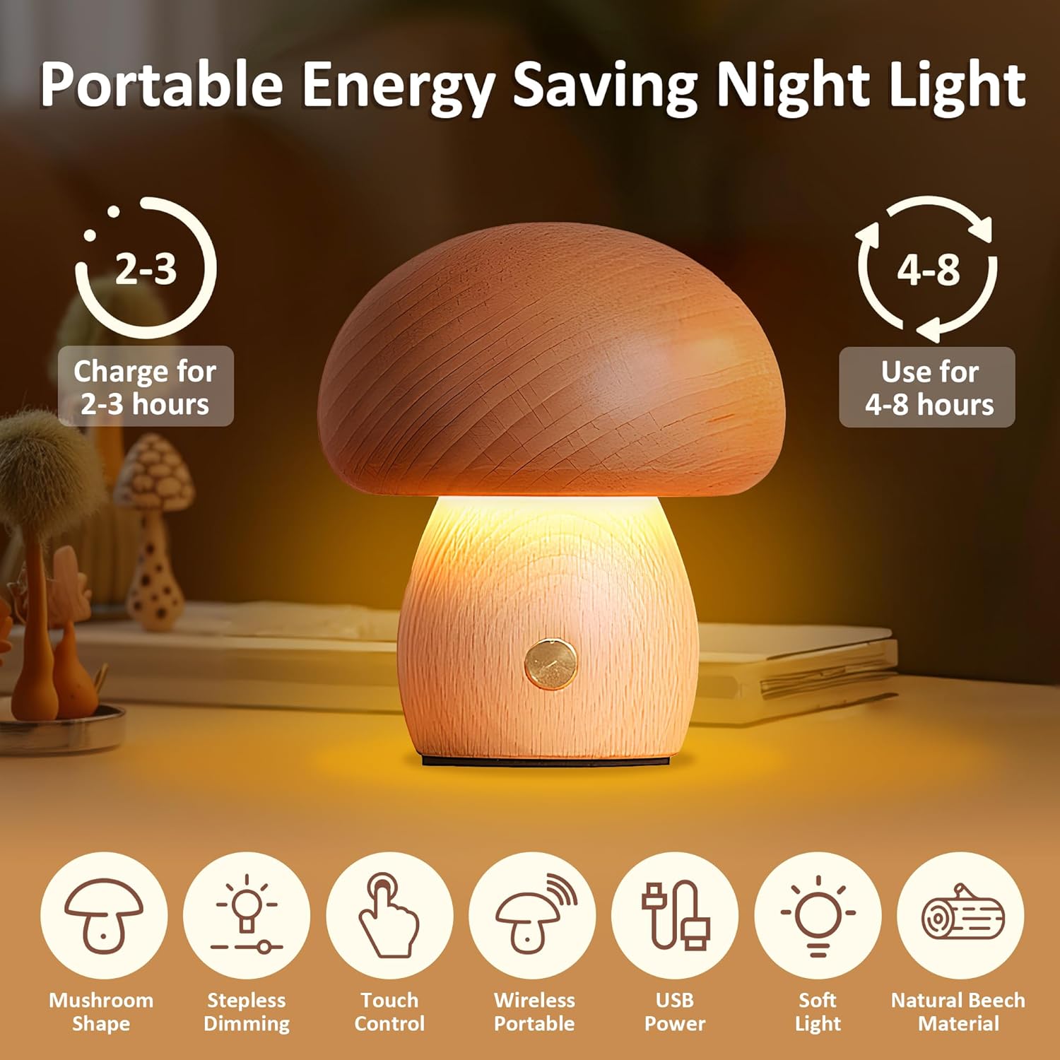 โคมไฟรูปเห็ดทำจากไม้ โคมไฟตั้ง - Mushroom Table Lamp บทวิจารณ์และราคา